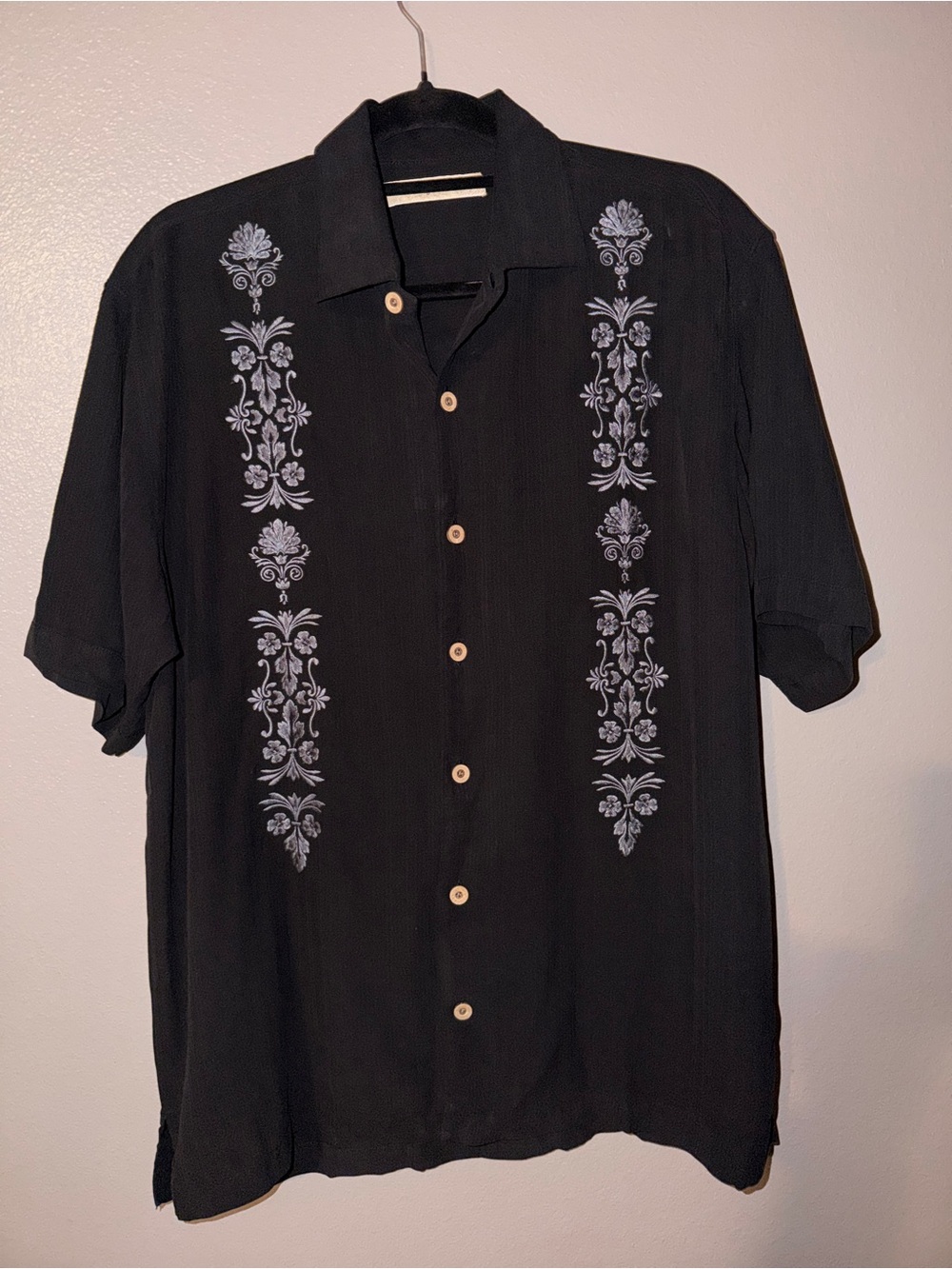 Tommy Bahama Black Short-Sleeve Button-Down with Light Gray Embroidered Panels